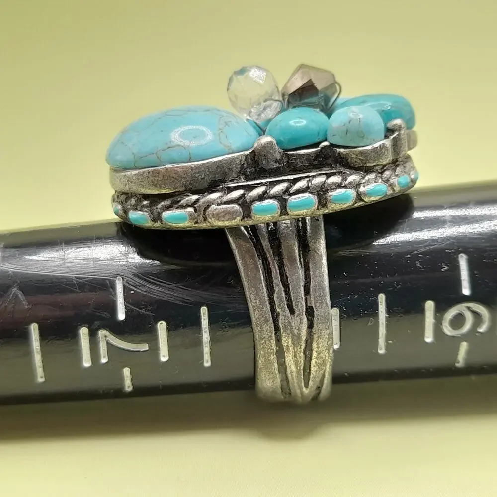 Chico’s Faux Turquoise Beaded Adjustable Ring Silver Tone Cluster Dome Size 8